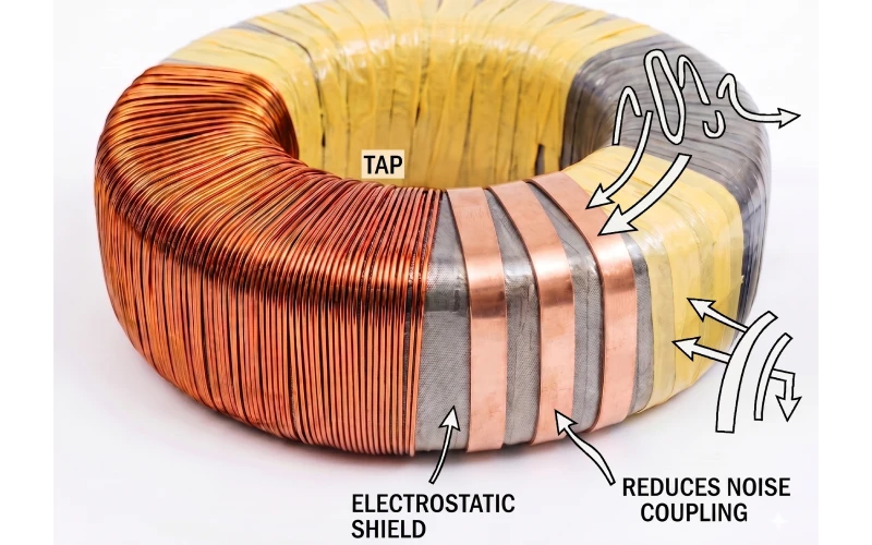 Toroidal transformer with a grounded copper electrostatic shield between primary and secondary windings
