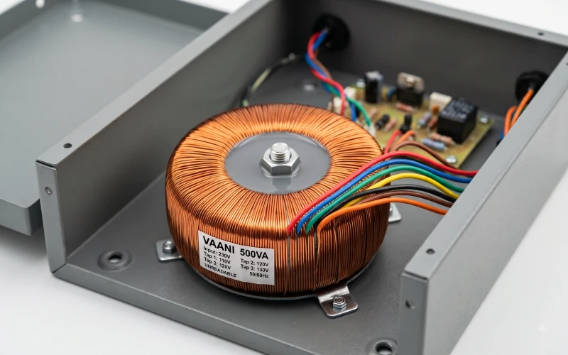 Compact multi-tap toroidal autotransformer built for a wall-mounted voltage stabilizer