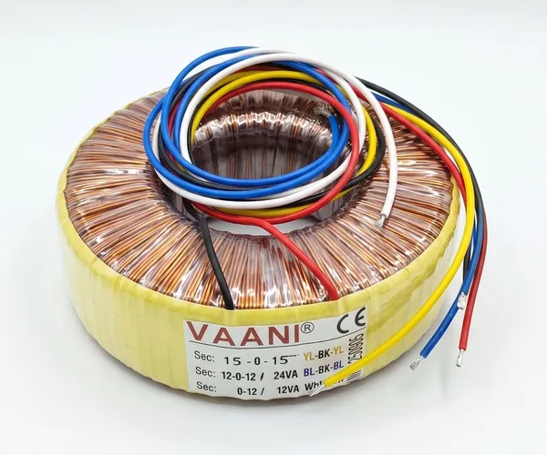 Vaani custom toroidal transformer with copper windings and three colour-coded secondary windings